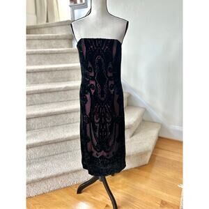 Vintage Y2K 90s Black Crushed Velvet Red Illusion Damask Strapless Dress